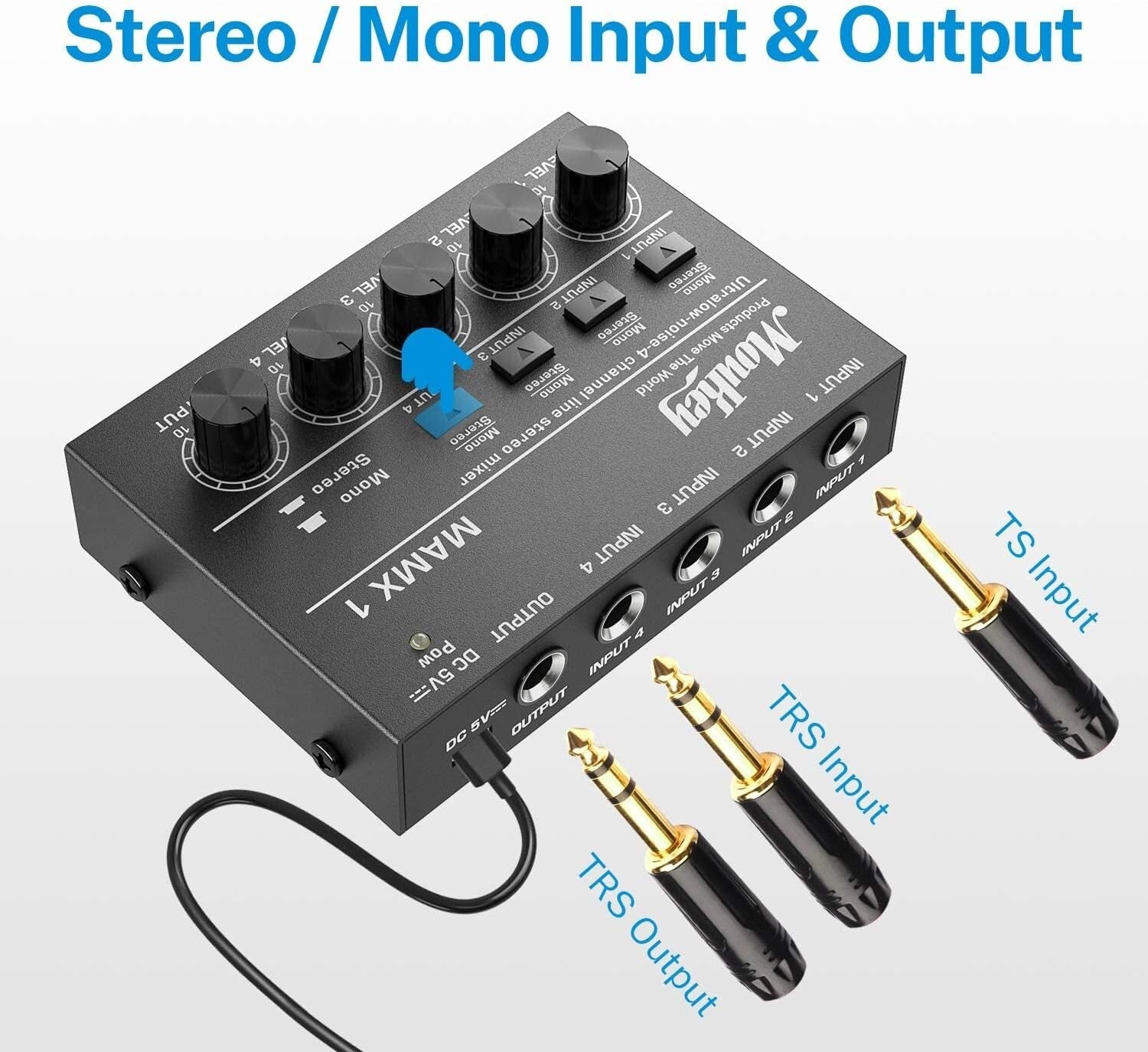4 Stereo Channel Mini Audio Mixer with Low Noise for Guitars & Keyboards
