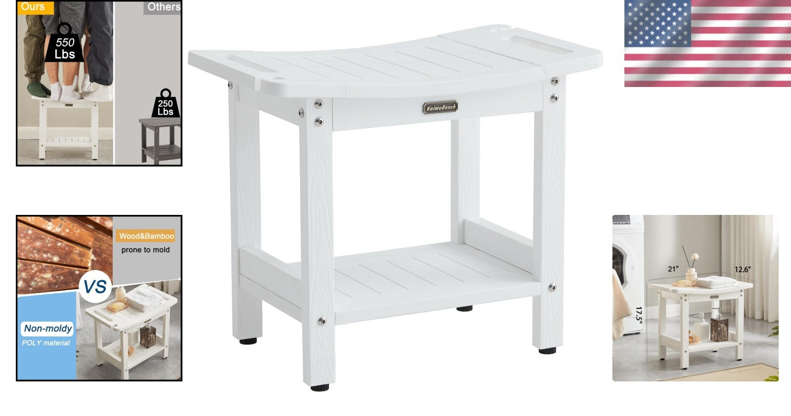 Waterproof Foldable Shower Bench with Storage Shelf & Handles - 550 lbs Capacity