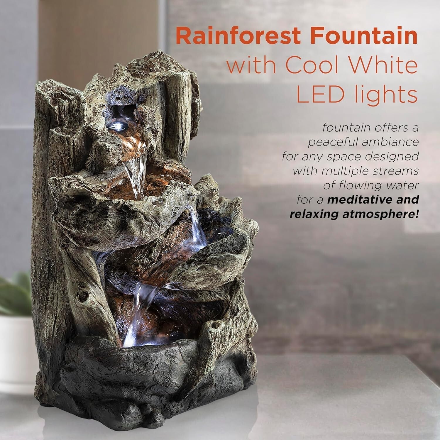 Compact 14" Tall Log Fountain with Cascading Water & LED for Indoor Serenity