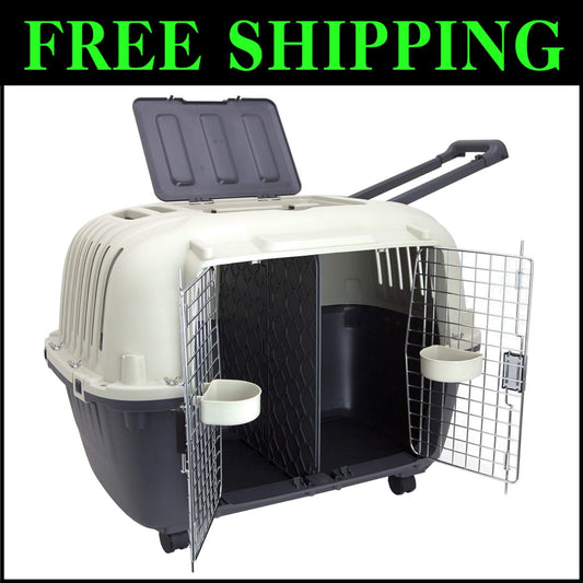 Portable Double Door Dog Crate – Airline Approved with Water Dish Included