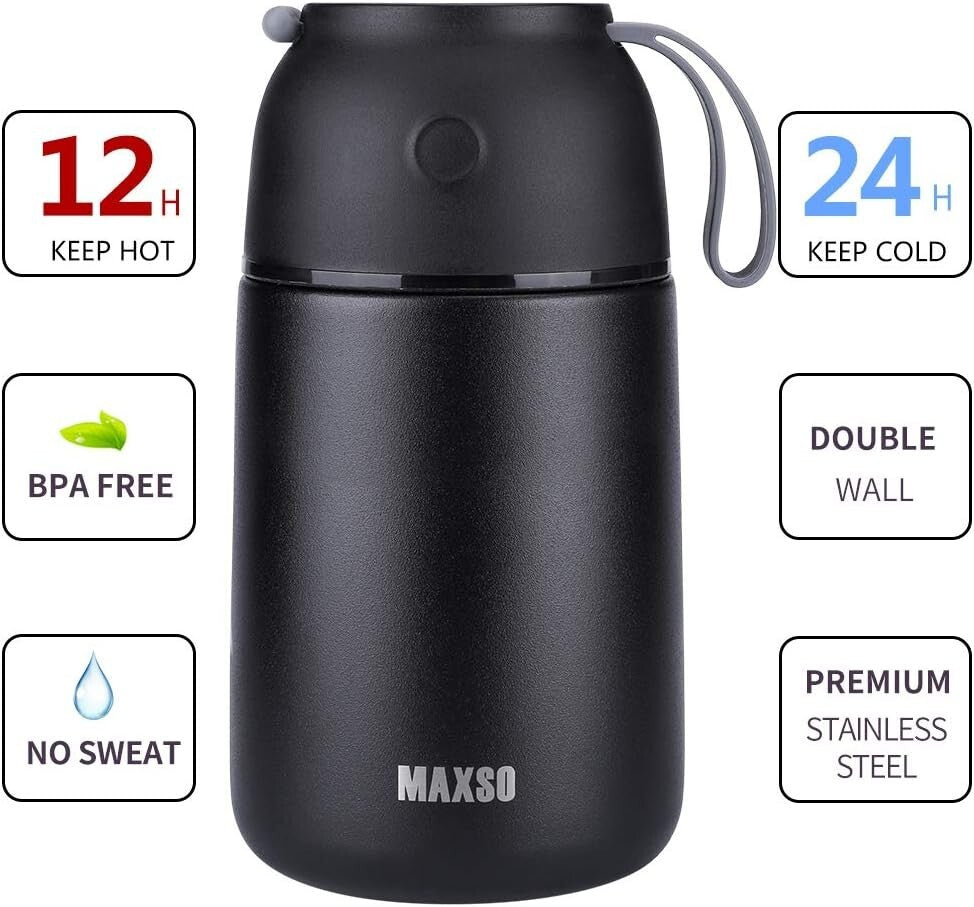 2-Pack Vacuum Insulated Food Jars - Black Thermal Lunch Containers for Travel