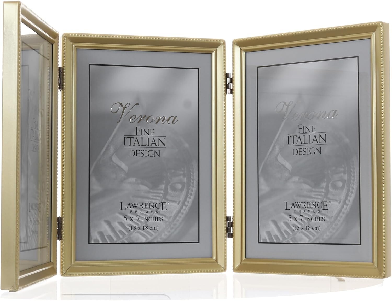 Elegant 5x7 Triple Photo Frame in Antique Satin Gold with Beaded Border
