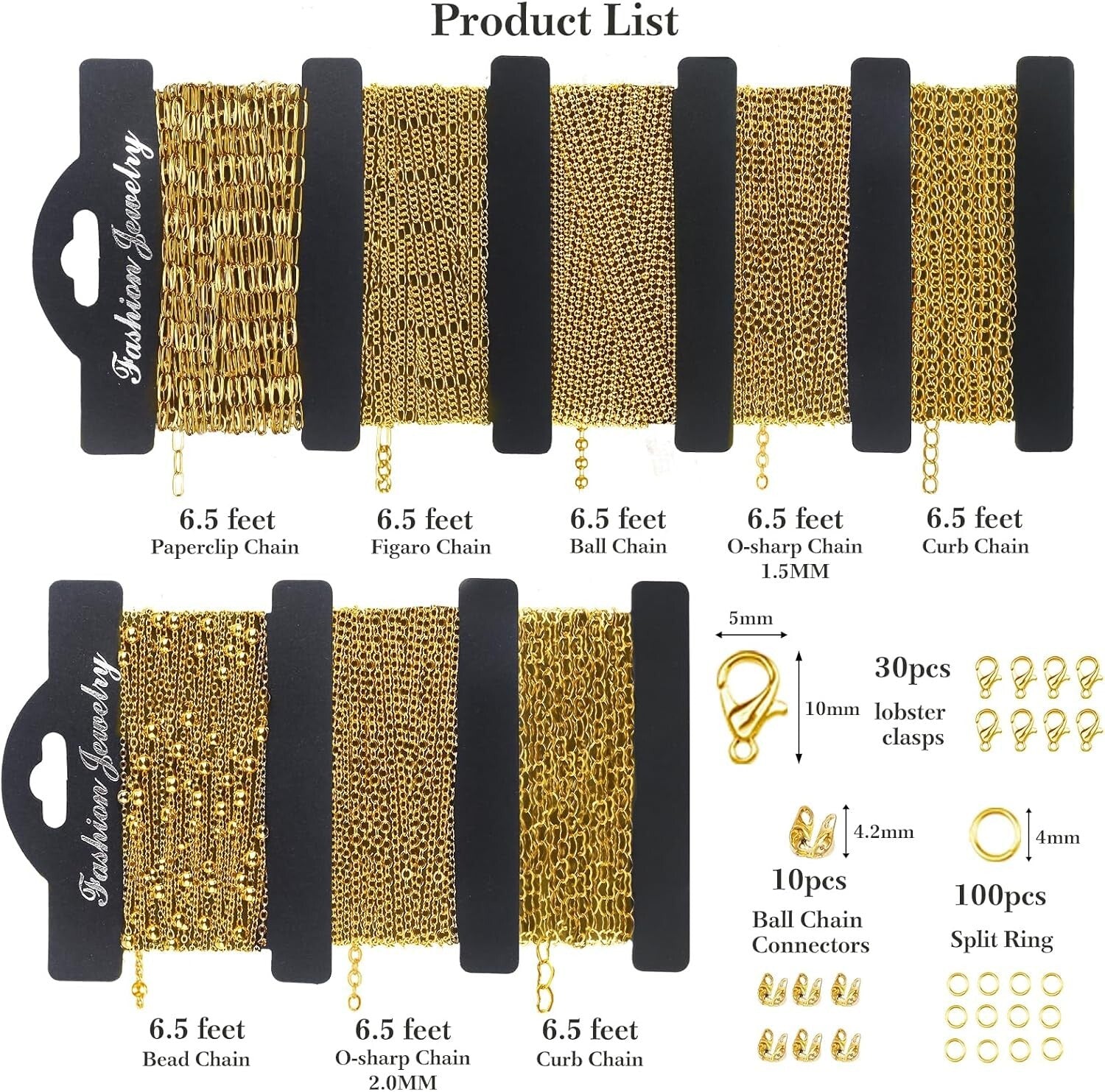 Versatile DIY Jewelry Making Kit - 52.5 Feet of 18k Gold Chains & Accessories