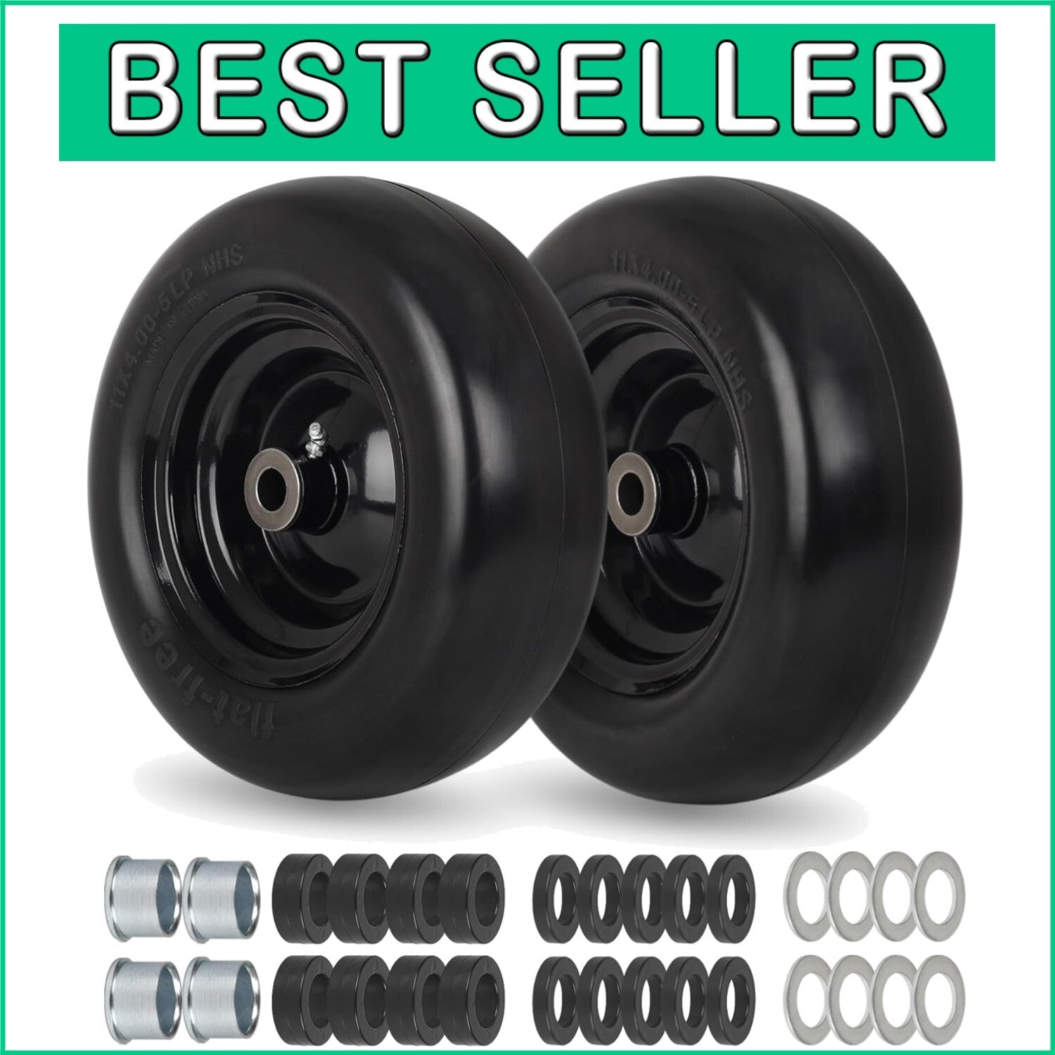 All-Season Flat Free Lawn Mower Tire Wheel with Adjustable Bushings, 2 Pack