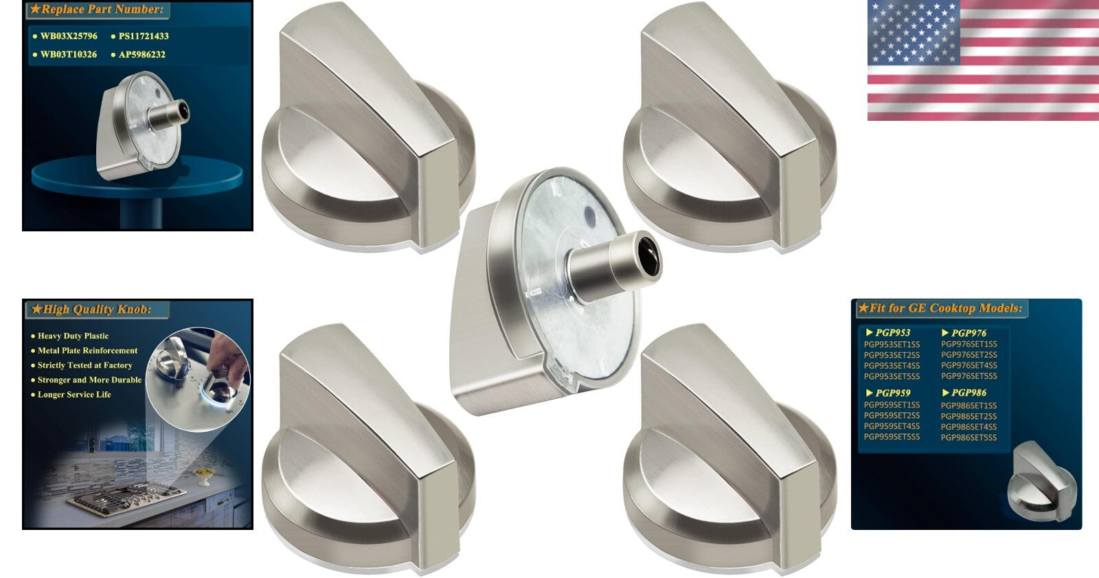 5-Pack GE Compatible Gas Cooktop Knobs - Easy Installation & Durable Design