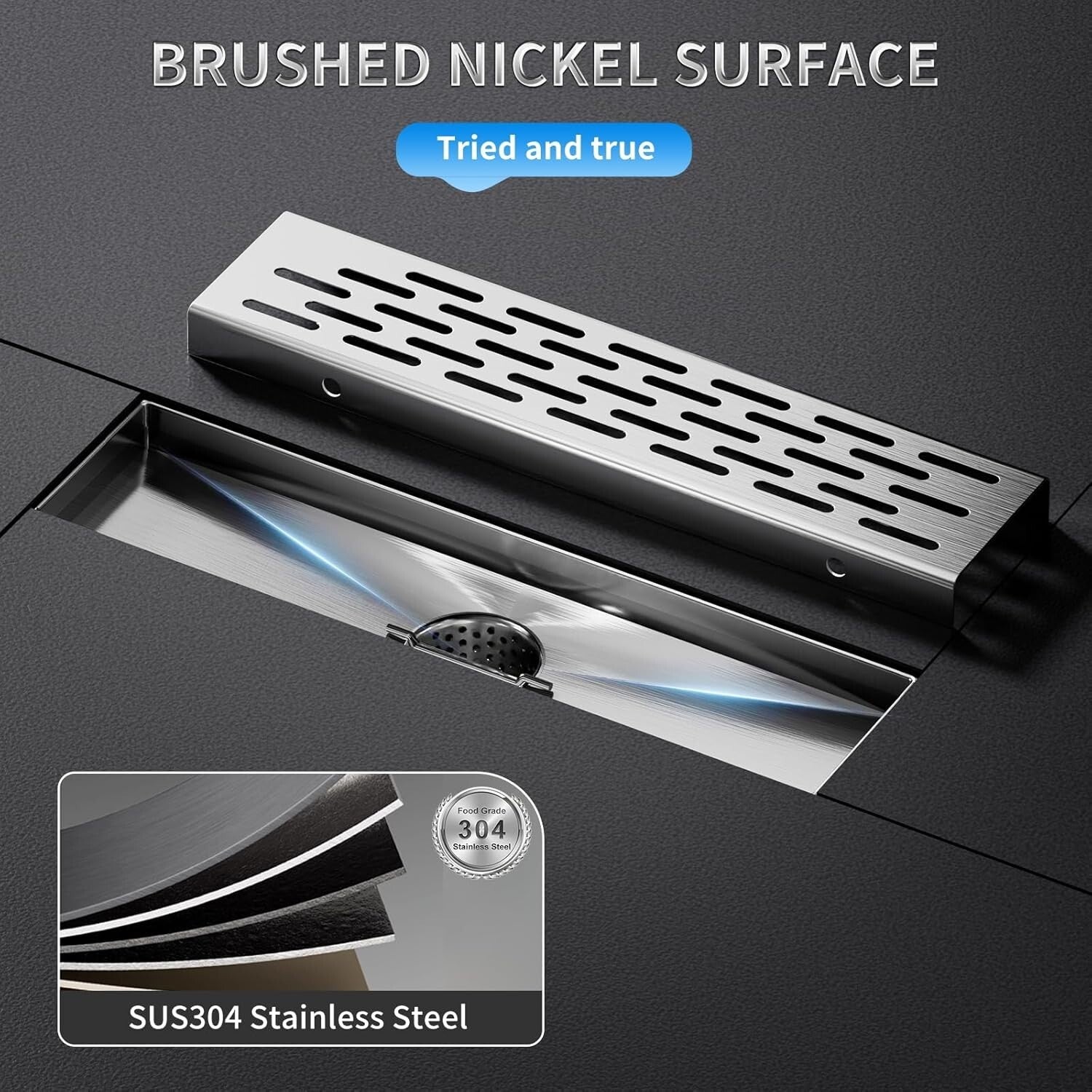 304 Stainless Steel Square Shower Drain: 12-Inch Drainage with Hair Strainer