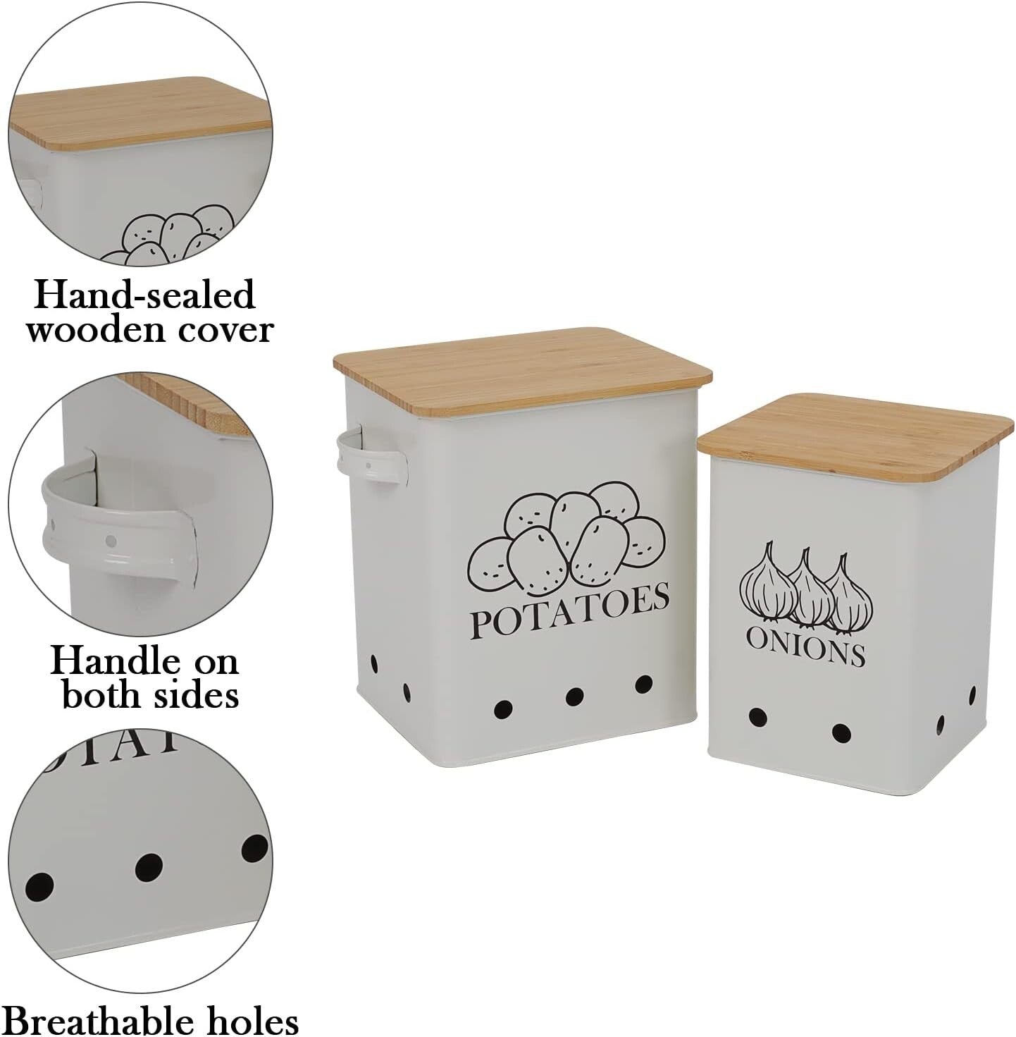 Elegant Vegetable Storage Tins Set of 2 with Wooden Lids for Fresh Produce