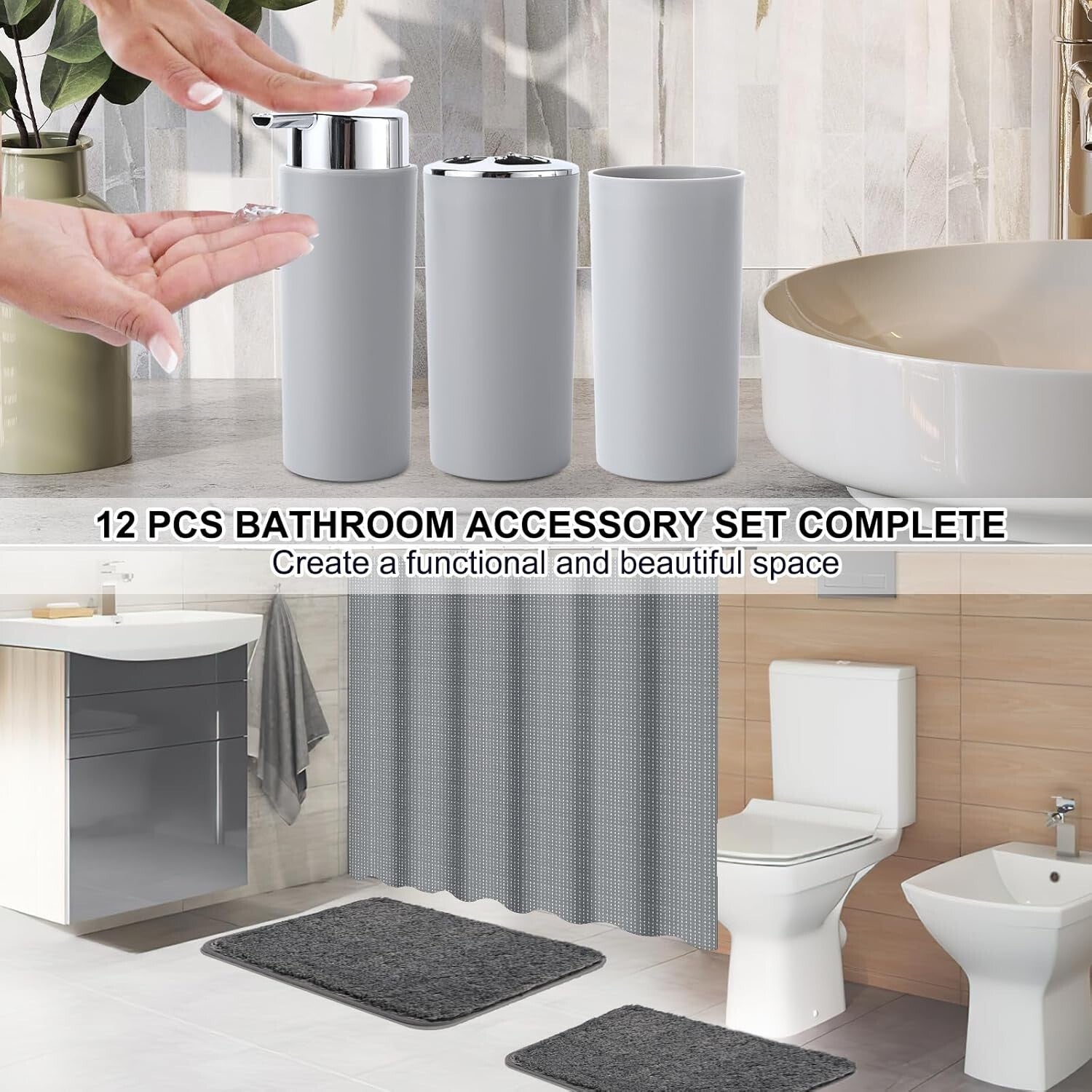 Durable Bathroom Decor 24PCS Set with Shower Curtain + Soft Microfiber Rugs