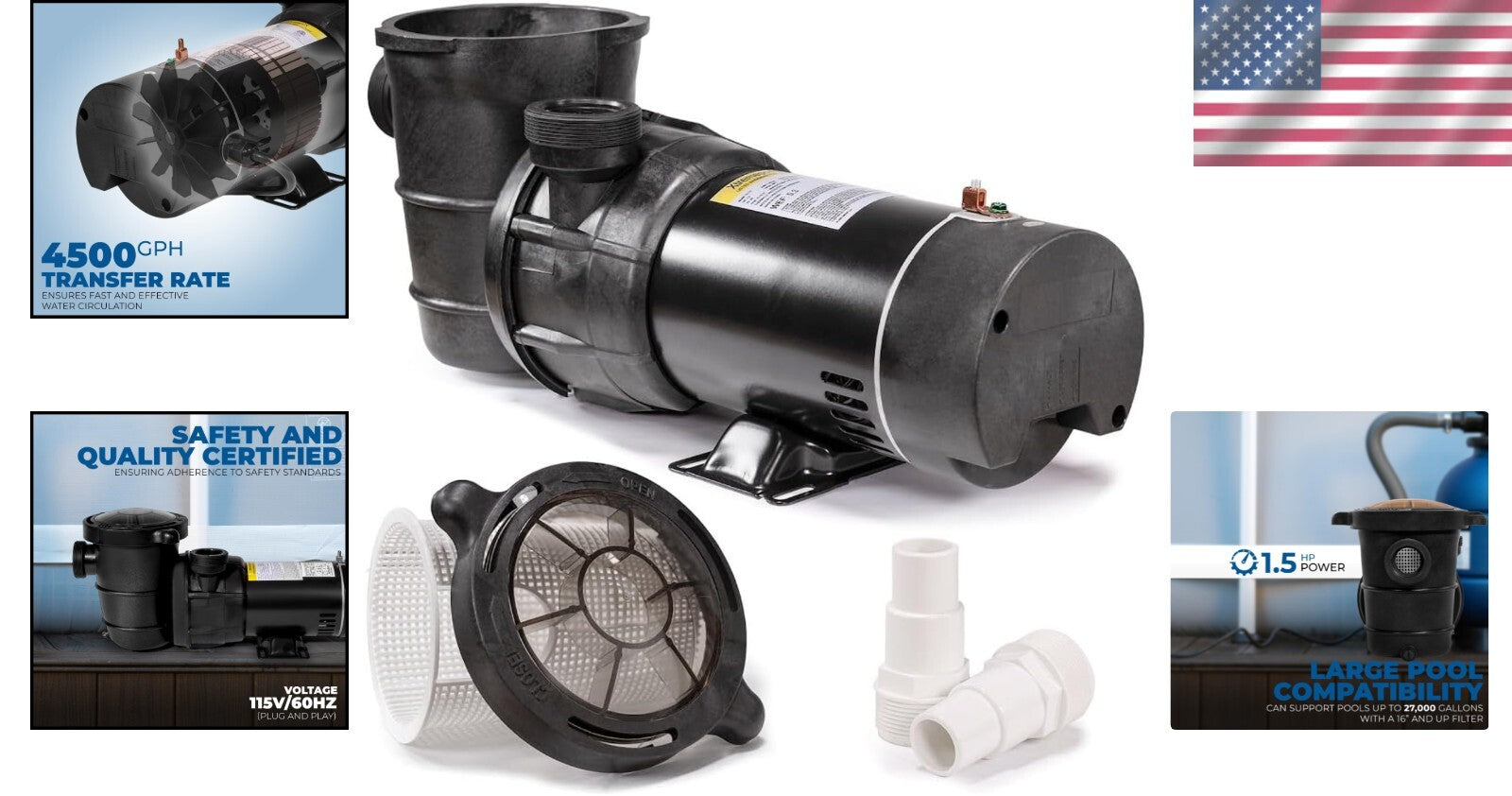 Self-Priming Dual Speed Pool Pump with 1.5” Hose Adapter, 75 GPM Flow Rate