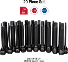Load image into Gallery viewer, 20pc 1/2" Drive Impact Hex Driver Set - Durable Steel for Versatile Fastening