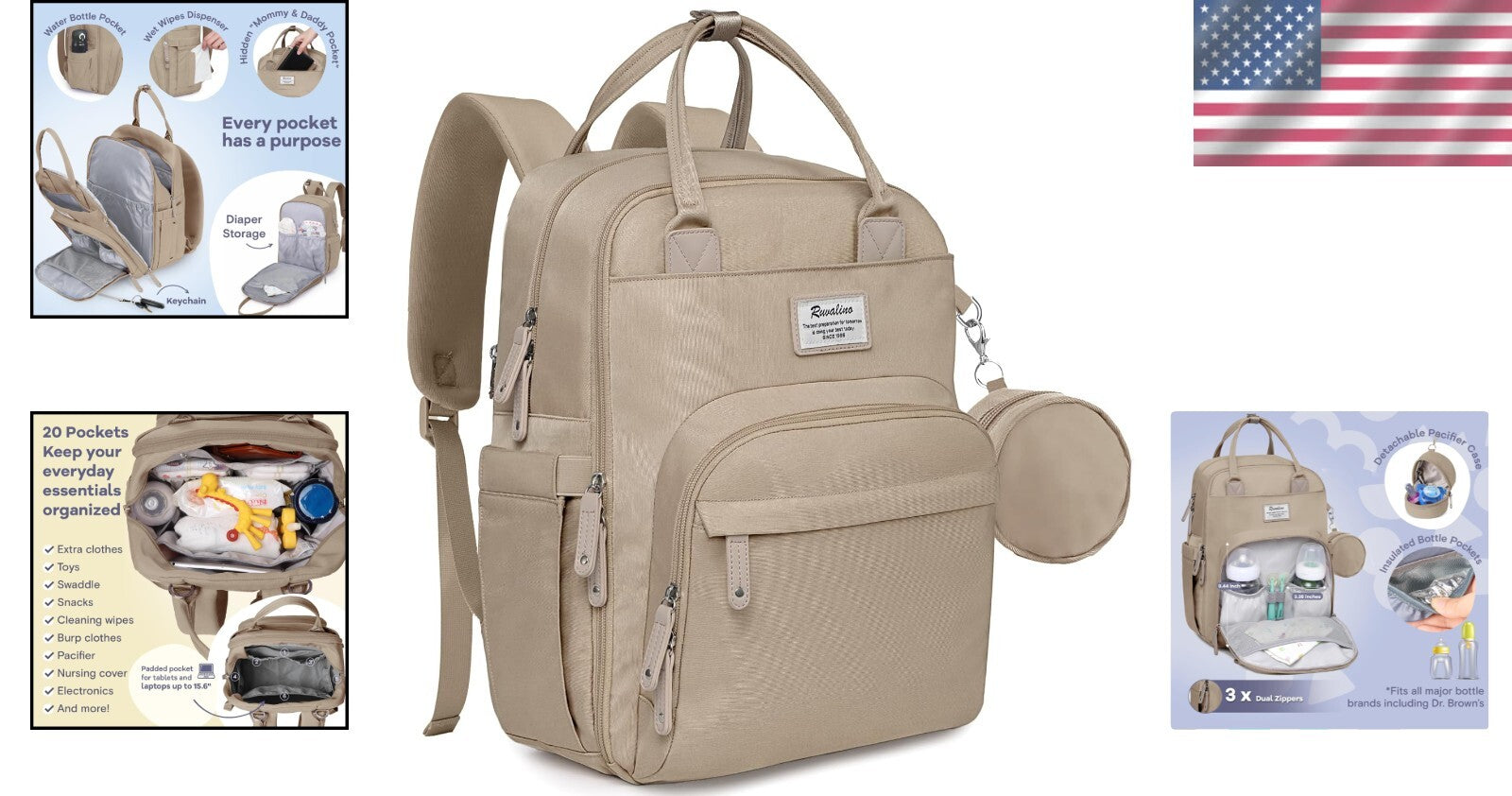 Stylish Waterproof Diaper Bag Backpack with Insulated Bottle Holders, Clay