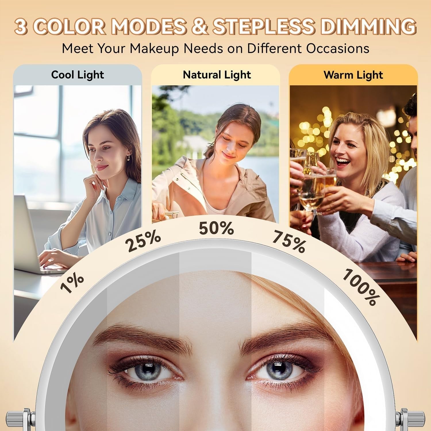 8” Round Makeup Mirror with 54 LED Lights - Rechargeable & Adjustable Brightness