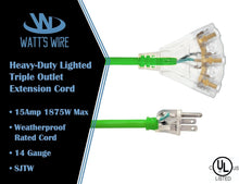 Load image into Gallery viewer, Durable 15 ft Green Extension Cord, 3 Outlet, 14 Gauge for Safe Performance