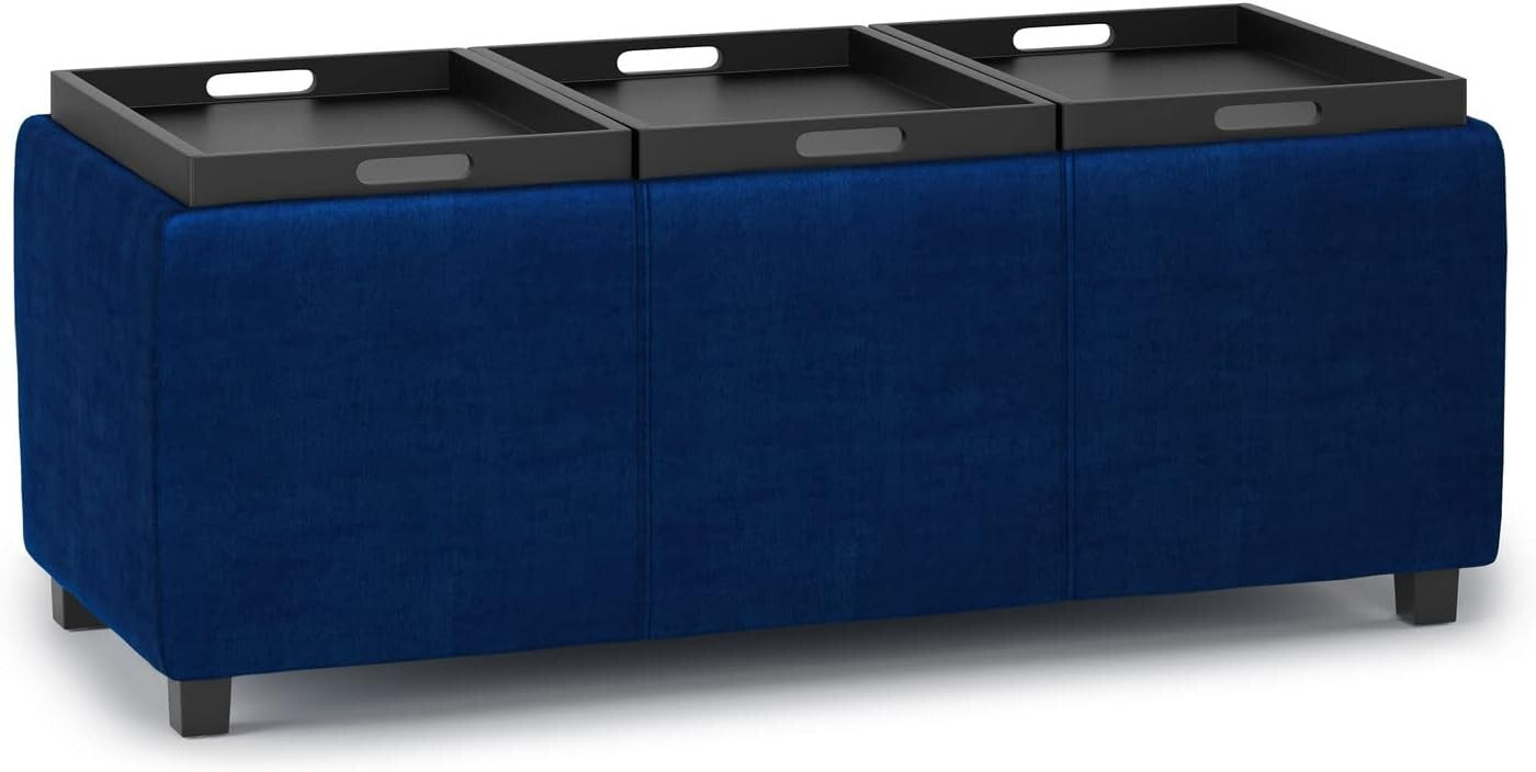 Elegant Rectangular Storage Ottoman - Assembled Blue Velvet with Serving Trays