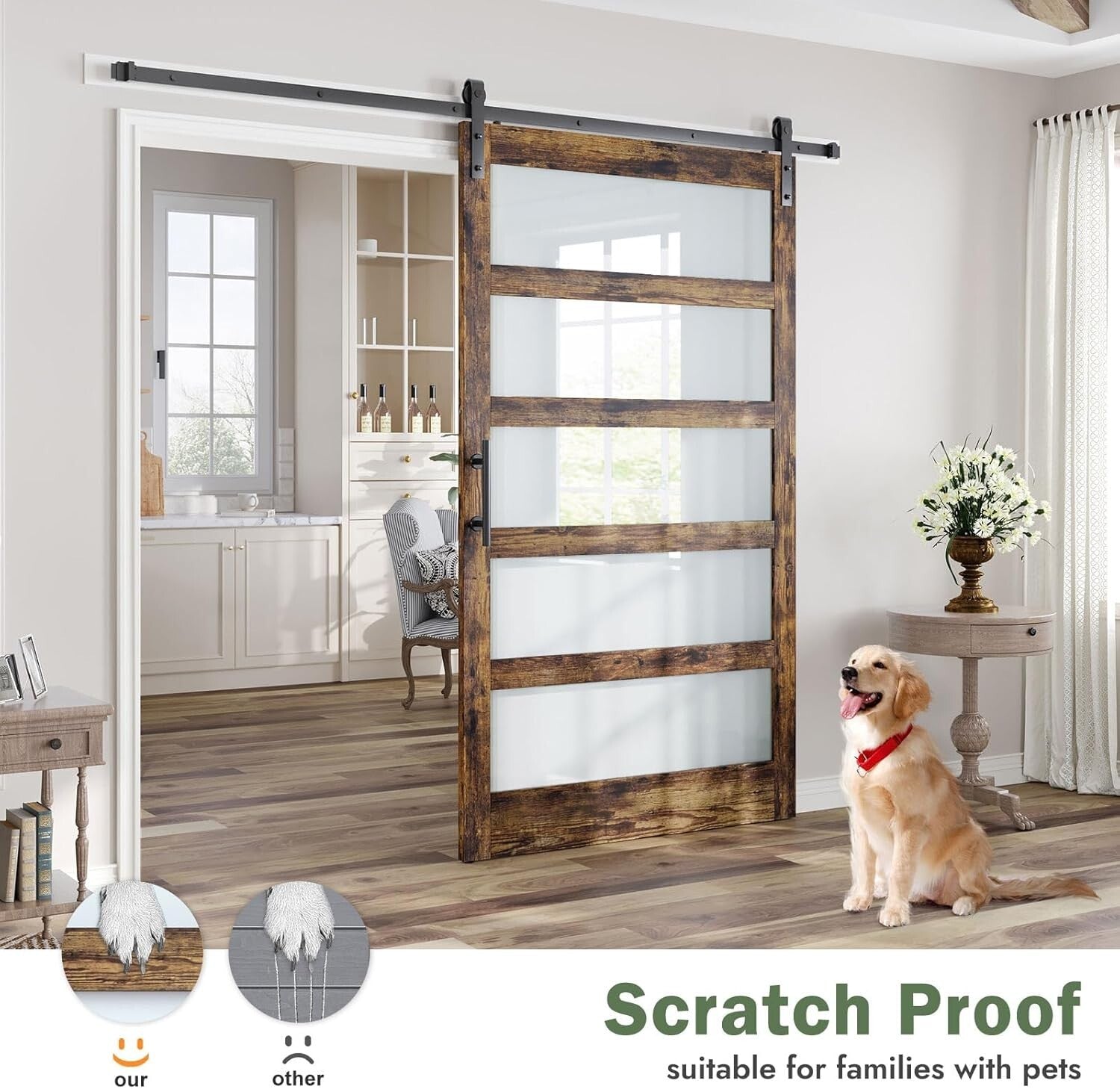 Chic Brown Wood Barn Door with Frosted Glass & 8ft Hardware - DIY Friendly