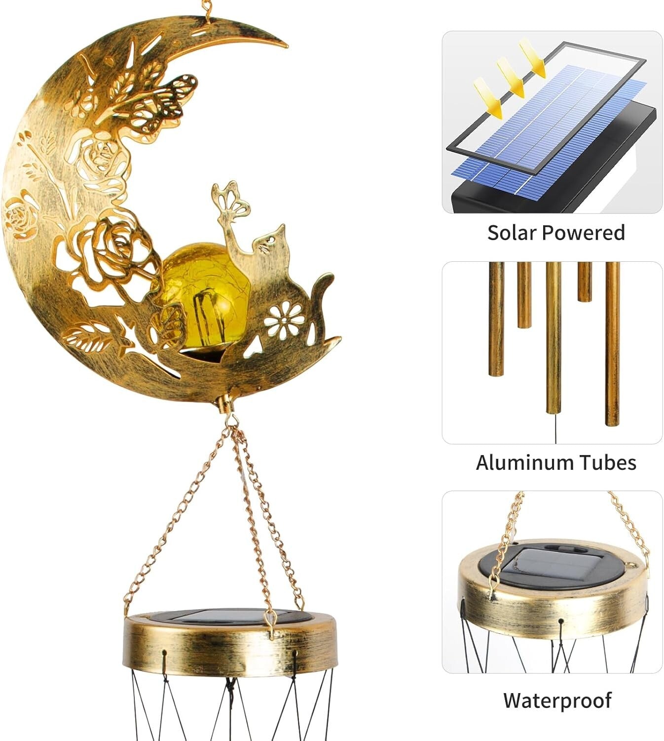 Elegant Solar-Powered Cat Moon Wind Chime - Perfect Gift for Cat Lovers