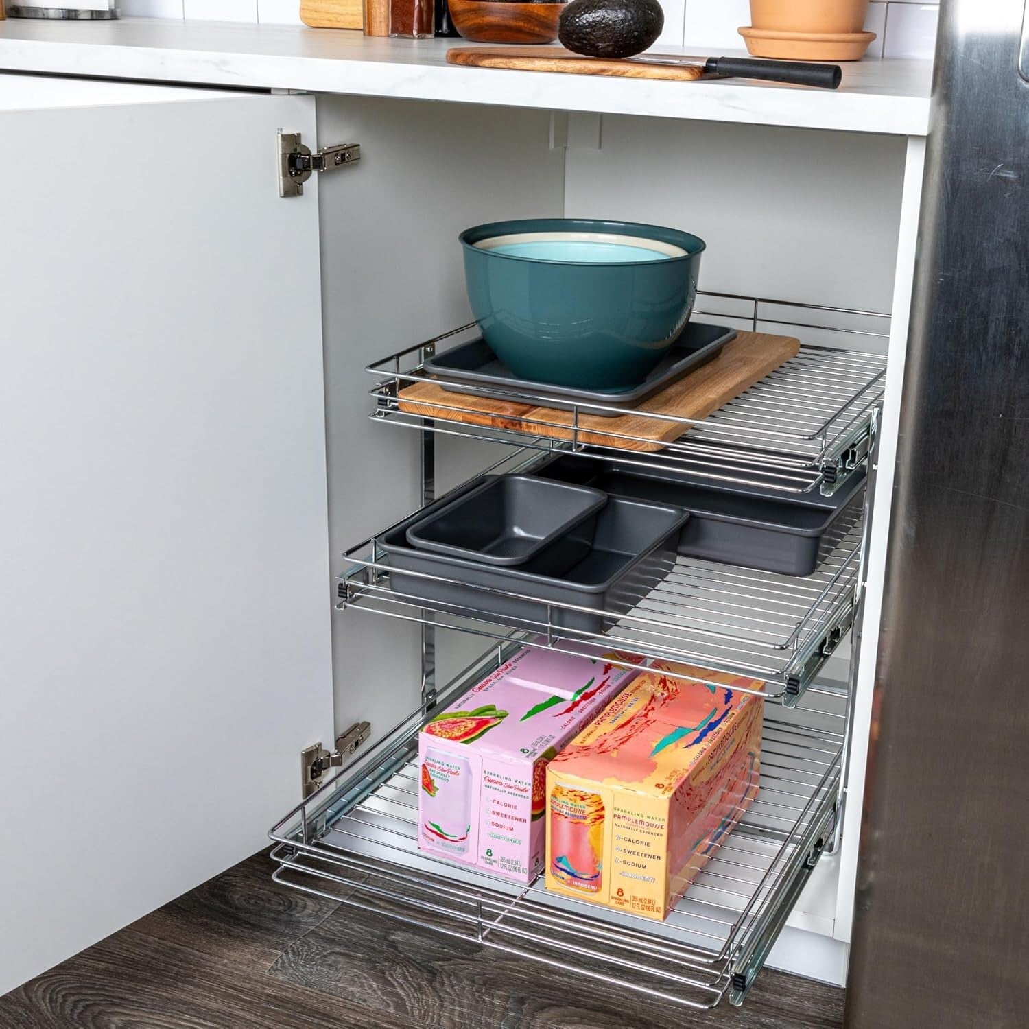 Durable 3-Tier Chrome Kitchen Slide-Out Organizer for Efficient Cookware Storage