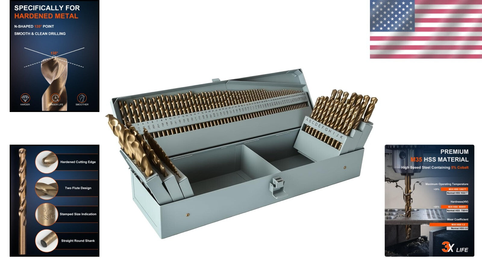 135° Split Point Cobalt Drill Bit Set - 115 Pcs, Ideal for Hardened Materials