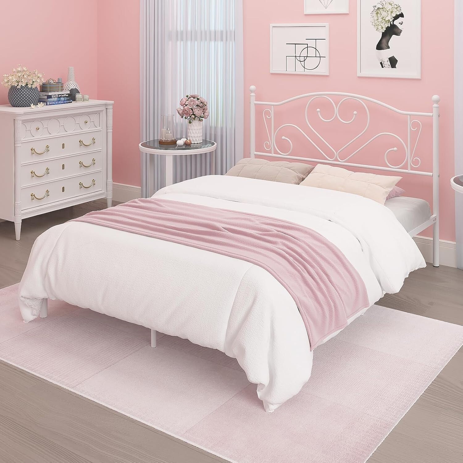 Full Size Bed Frame with Heart-Shaped Headboard & Under-Bed Storage - White