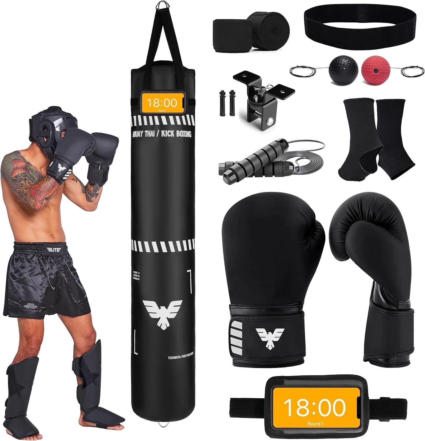 6 Ft Black Muay Thai & Kickboxing Heavy Bag Kit - Training Essentials Inside