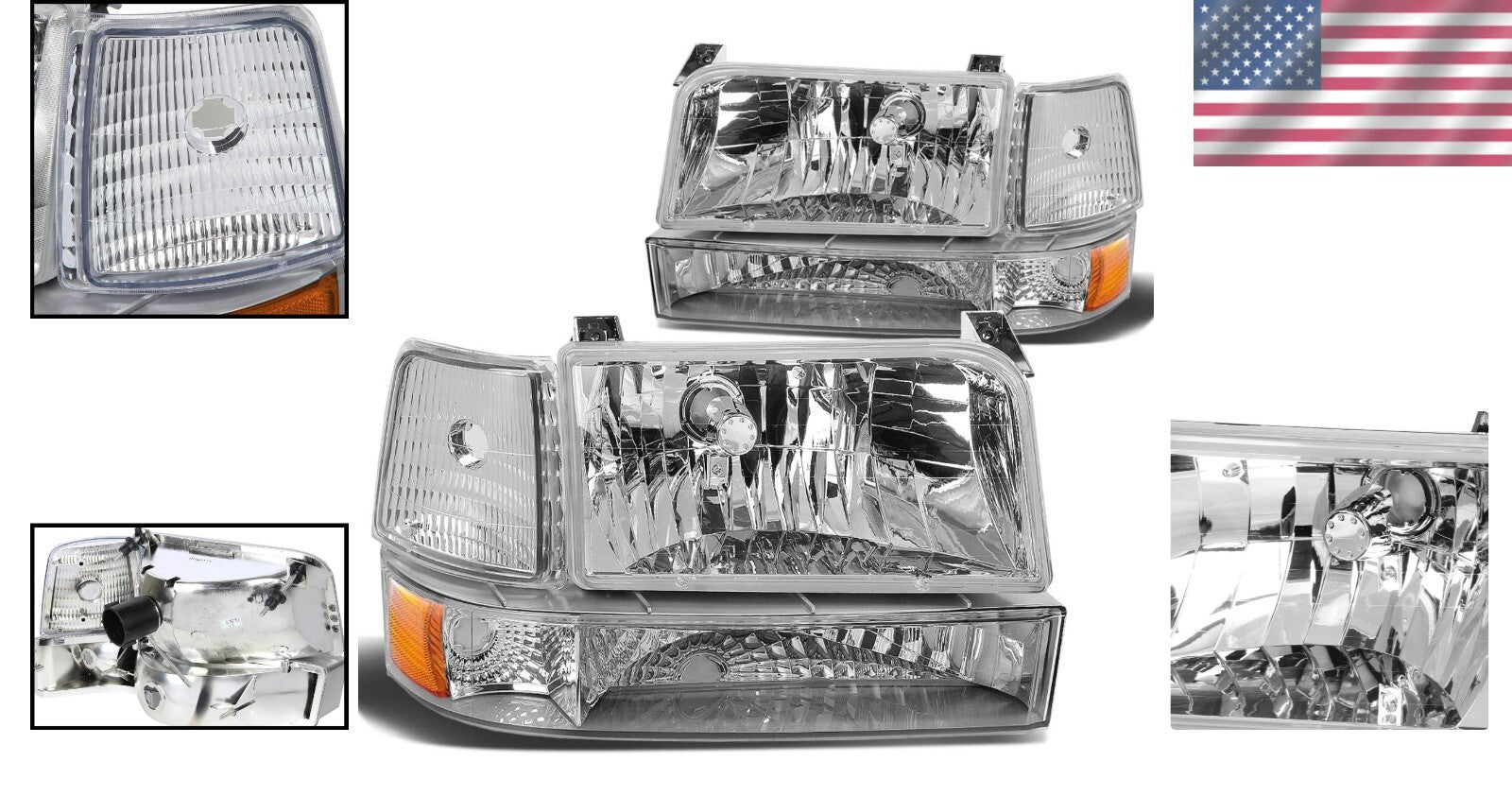 Chrome Amber Headlight Replacement for 92-96 F150/F250/F350/Bronco - Waterproof