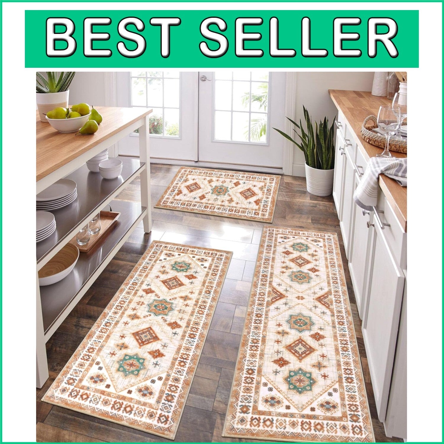 Durable & Washable 3-Piece Kitchen Rug Set with Runner - Elegant Floral Design