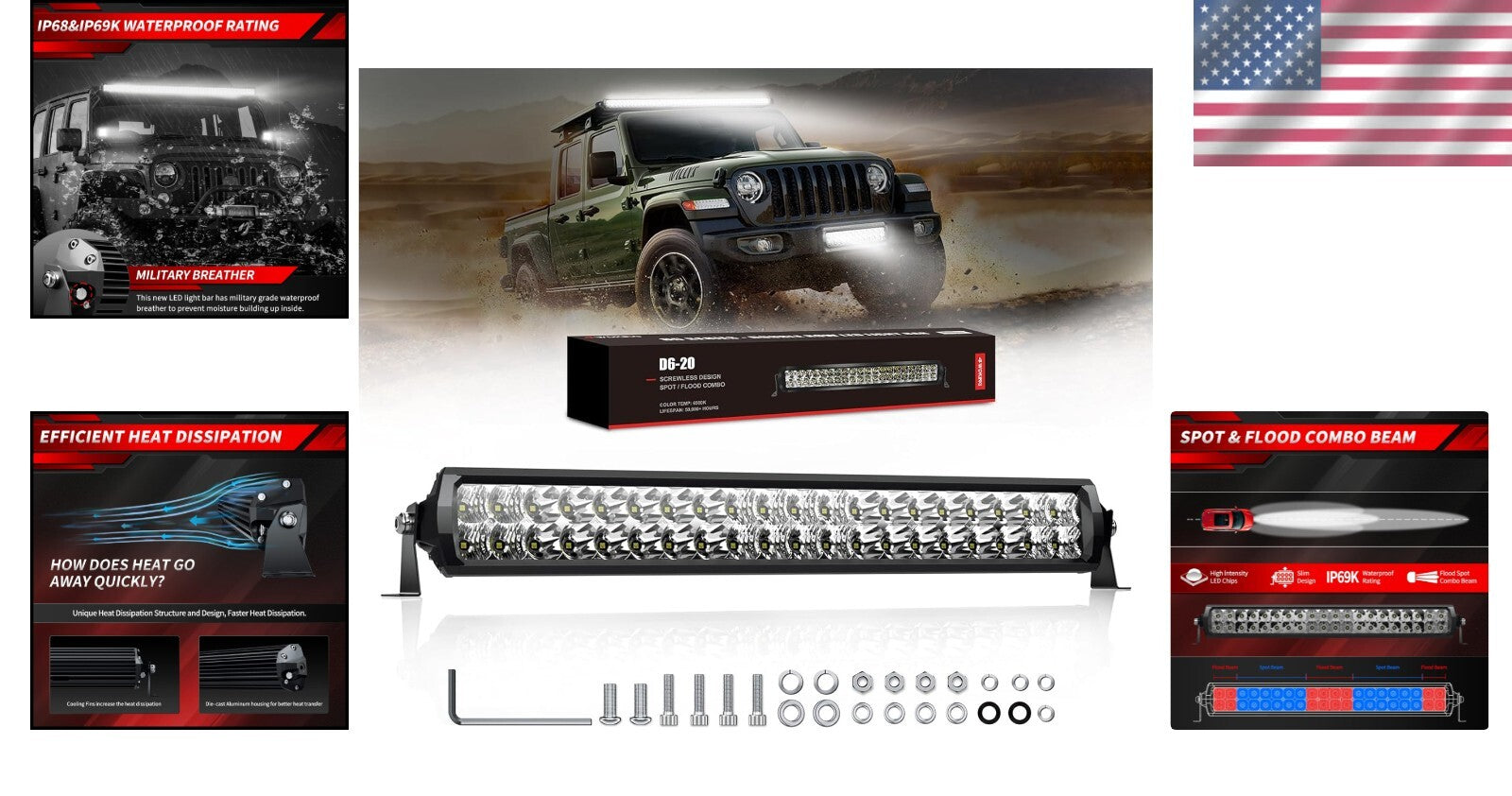 20 Inch Dual Row LED Light Bar, IP68 Waterproof with Stainless Mounting Brackets