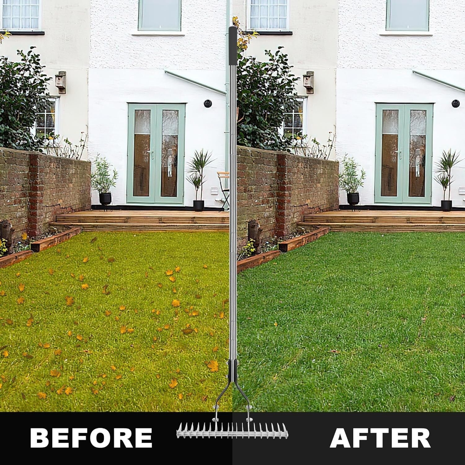 15-Inch Heavy-Duty Thatch Rake with Adjustable Stainless Steel Handle for Lawns