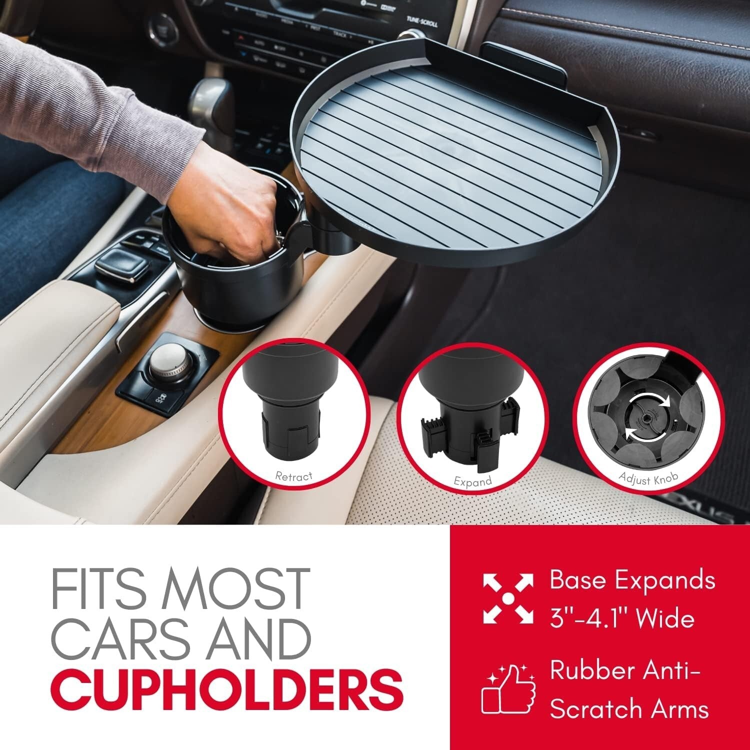 Car Cup Holder Tray & Expander - 9" Adjustable Food Holder for On-the-Go Dining