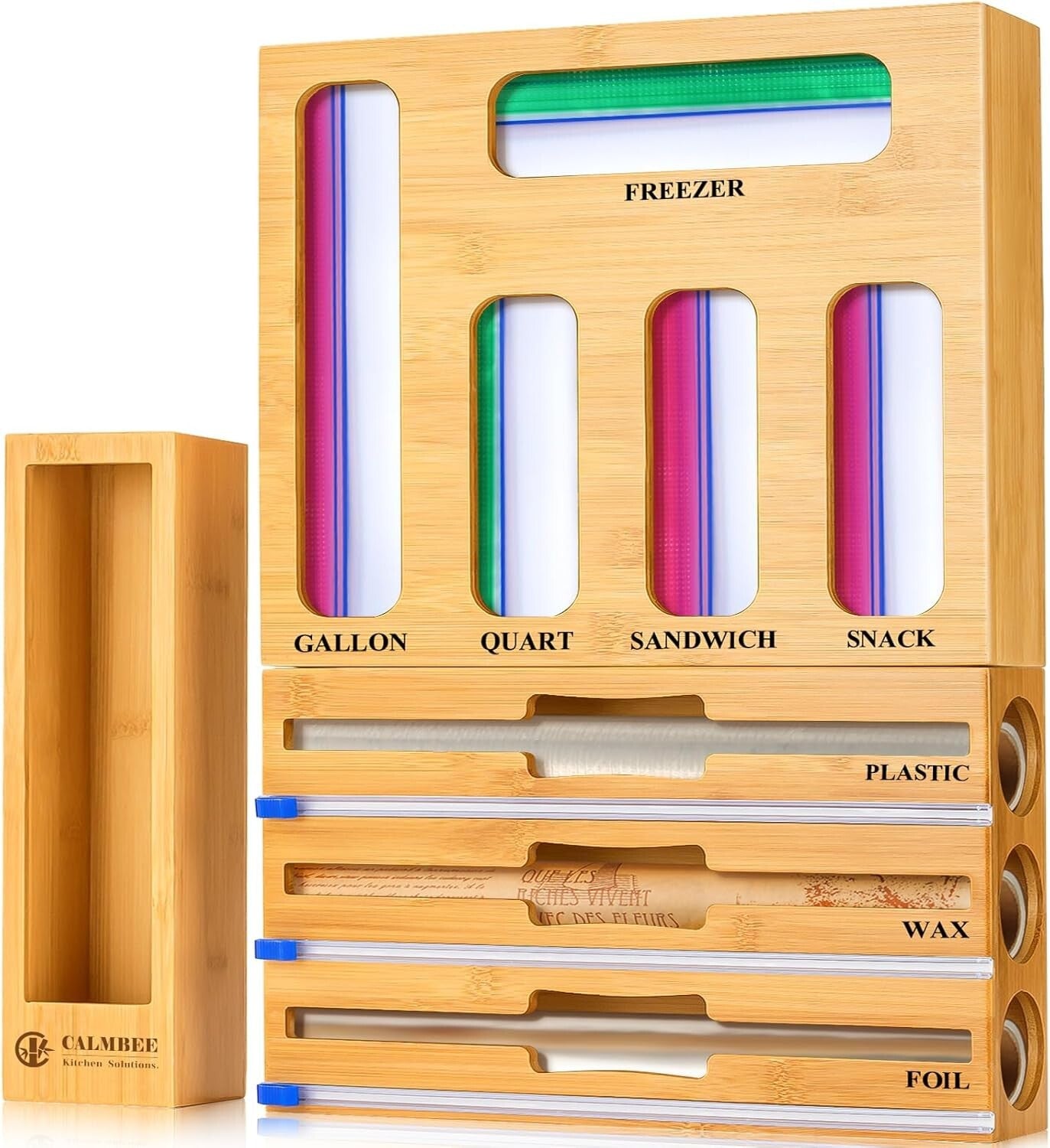 Elegant Bamboo Kitchen Storage Organizer with Slide Cutter & Labels Included
