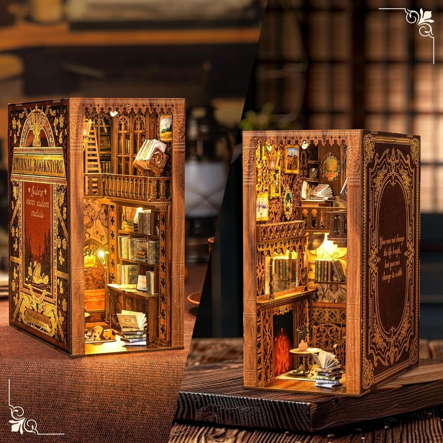 DIY Book Nook Kit with LED Lights - Wooden 3D Puzzle Bookends for Home Decor