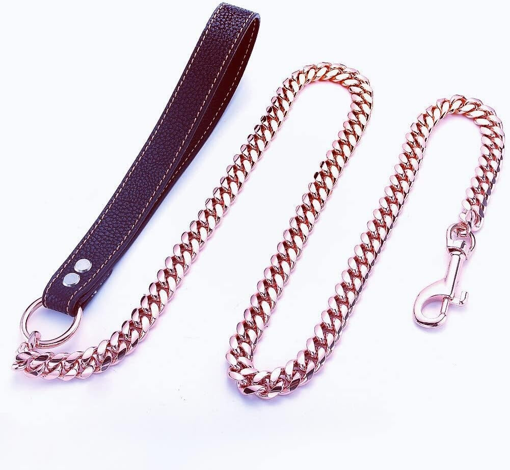 Rose Gold Chew Proof Dog Leash - Stylish 14MM Cuban Link - 3FT/4FT/5FT Options