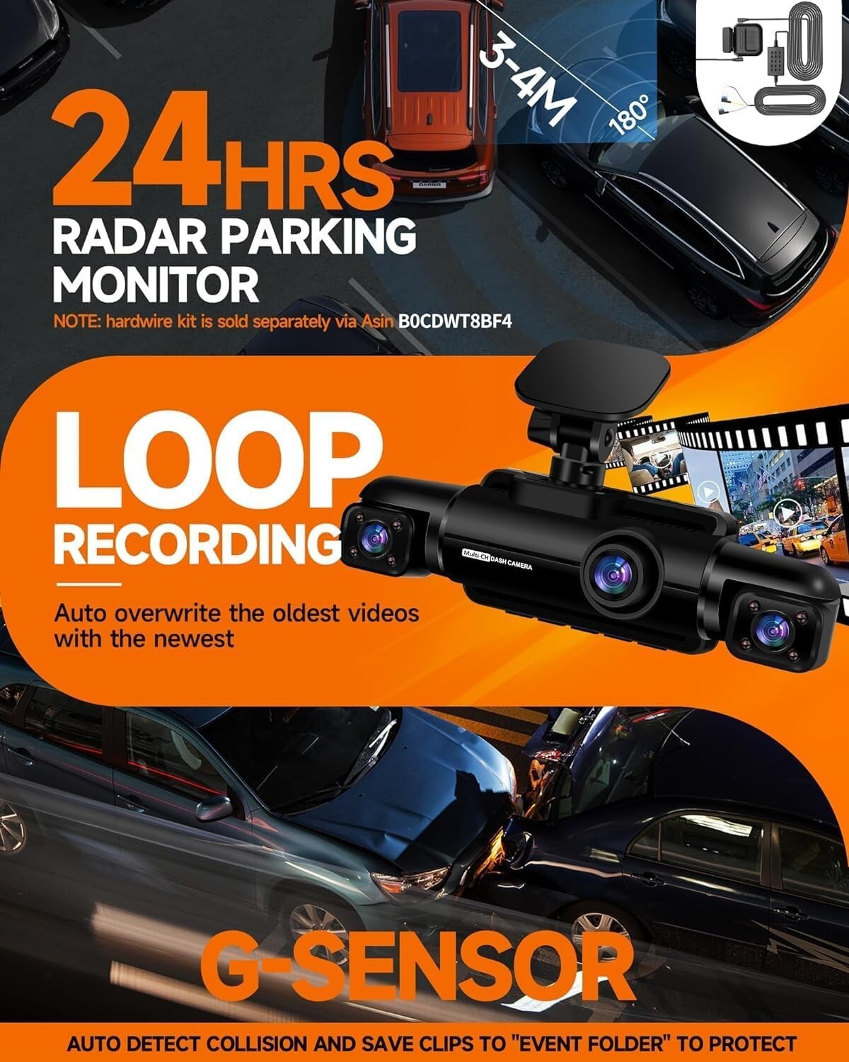 Wi-Fi Connected 360° Dash Cam with Voice Control & 24-Hour Parking Surveillance