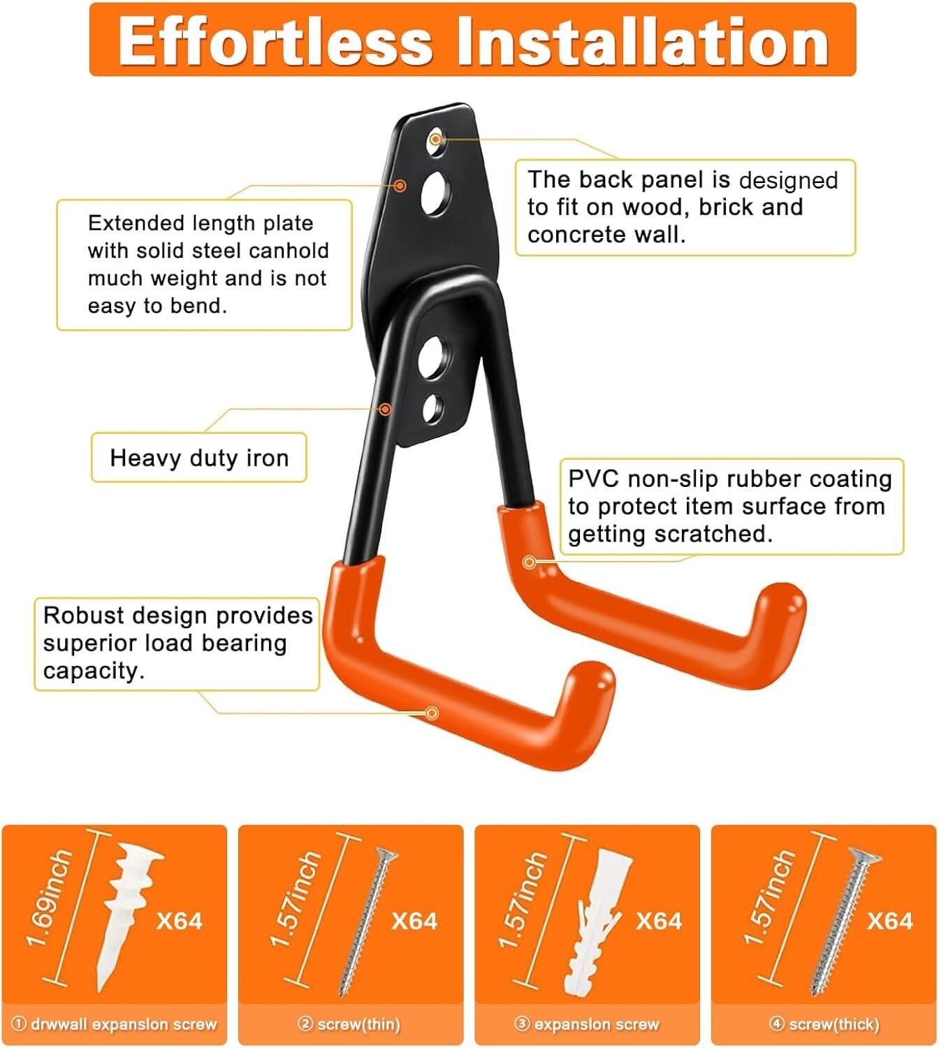32 Pack Heavy-Duty Garage Hooks with Non-Slip Coating - Easy Wall Mount Storage
