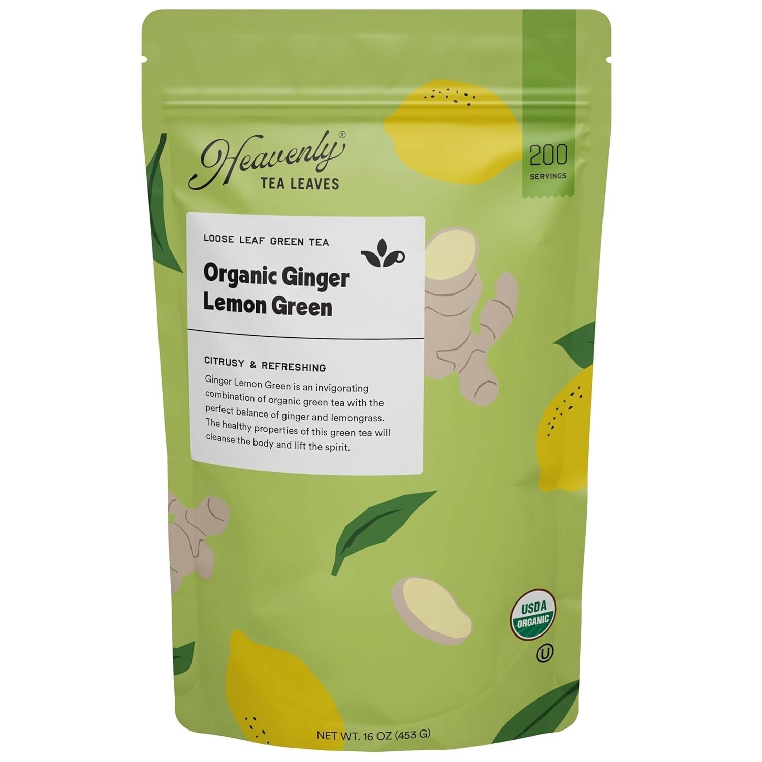 Invigorating Organic Ginger Lemon Green Tea - 1 lb Bulk Pouch, Enjoy Hot or Iced