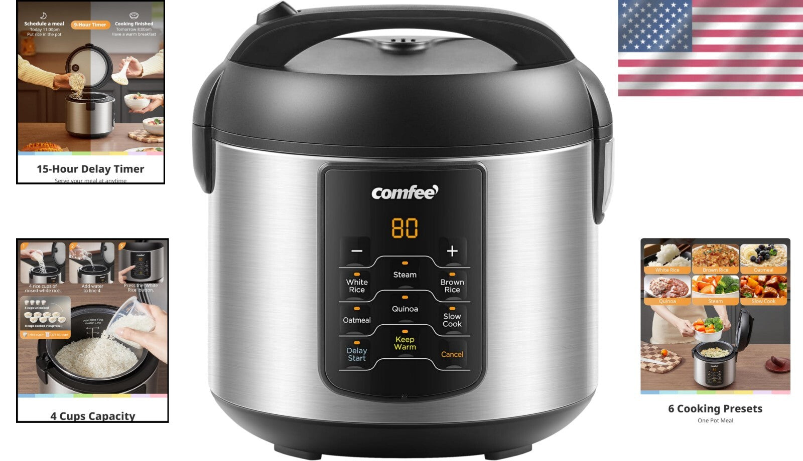 Effortless Cooking with 6-in-1 Rice Cooker - 8 Cups Cooked Capacity, Non-Stick