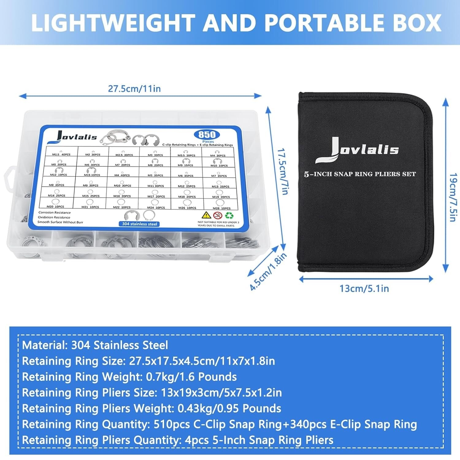 C-Clip and E-Clip Assortment Kit - 850Pcs Stainless Steel Snap Rings with Pliers