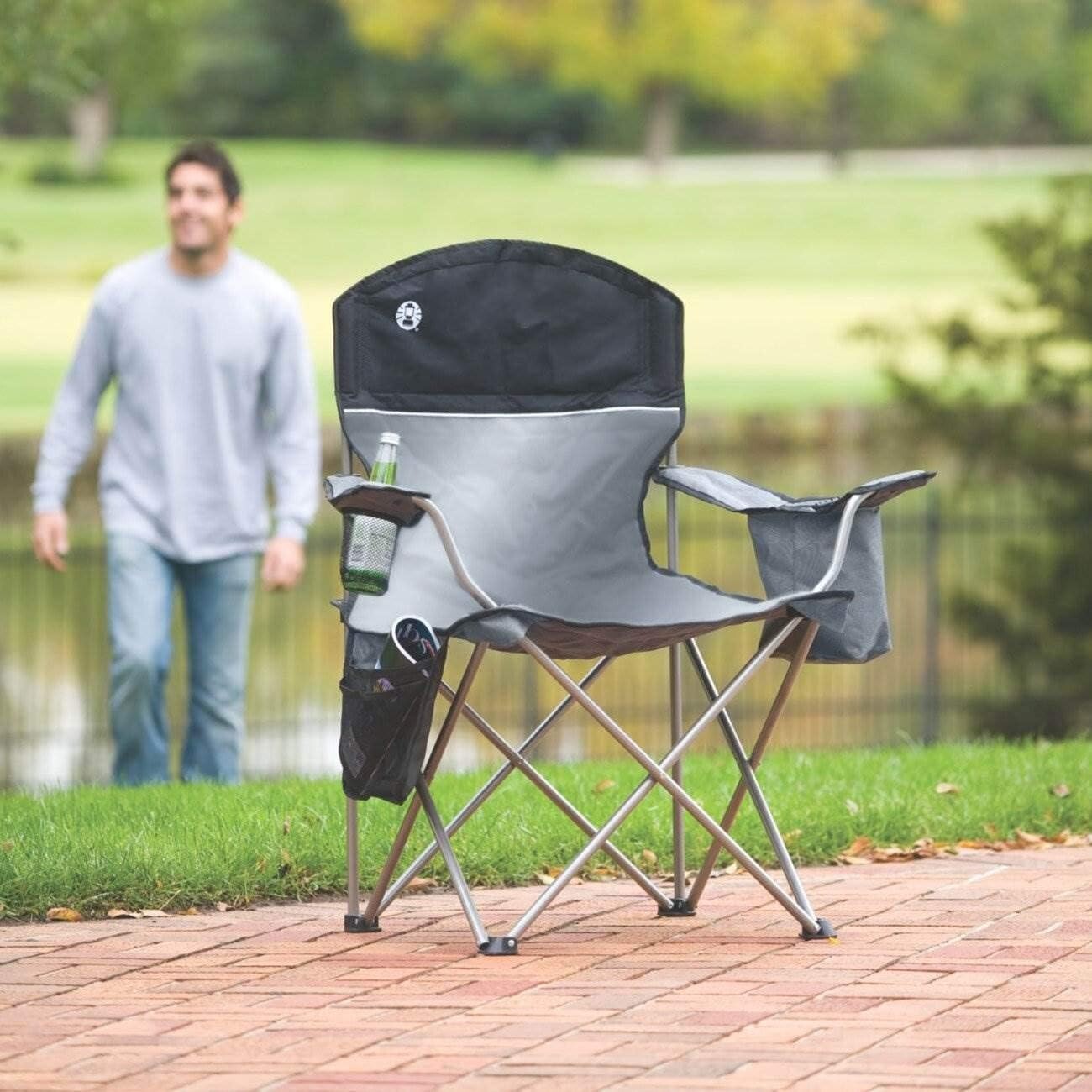 Spacious Outdoor Quad Chair with Cushioned Back & Integrated Cooler - Grey/Black