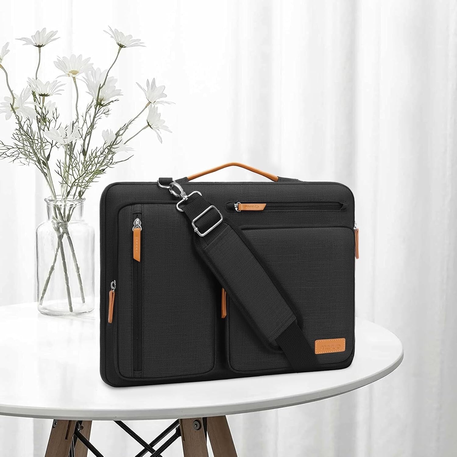 Elegant Black Laptop Shoulder Bag with Trolley Compatibility & 4 Zipper Pockets
