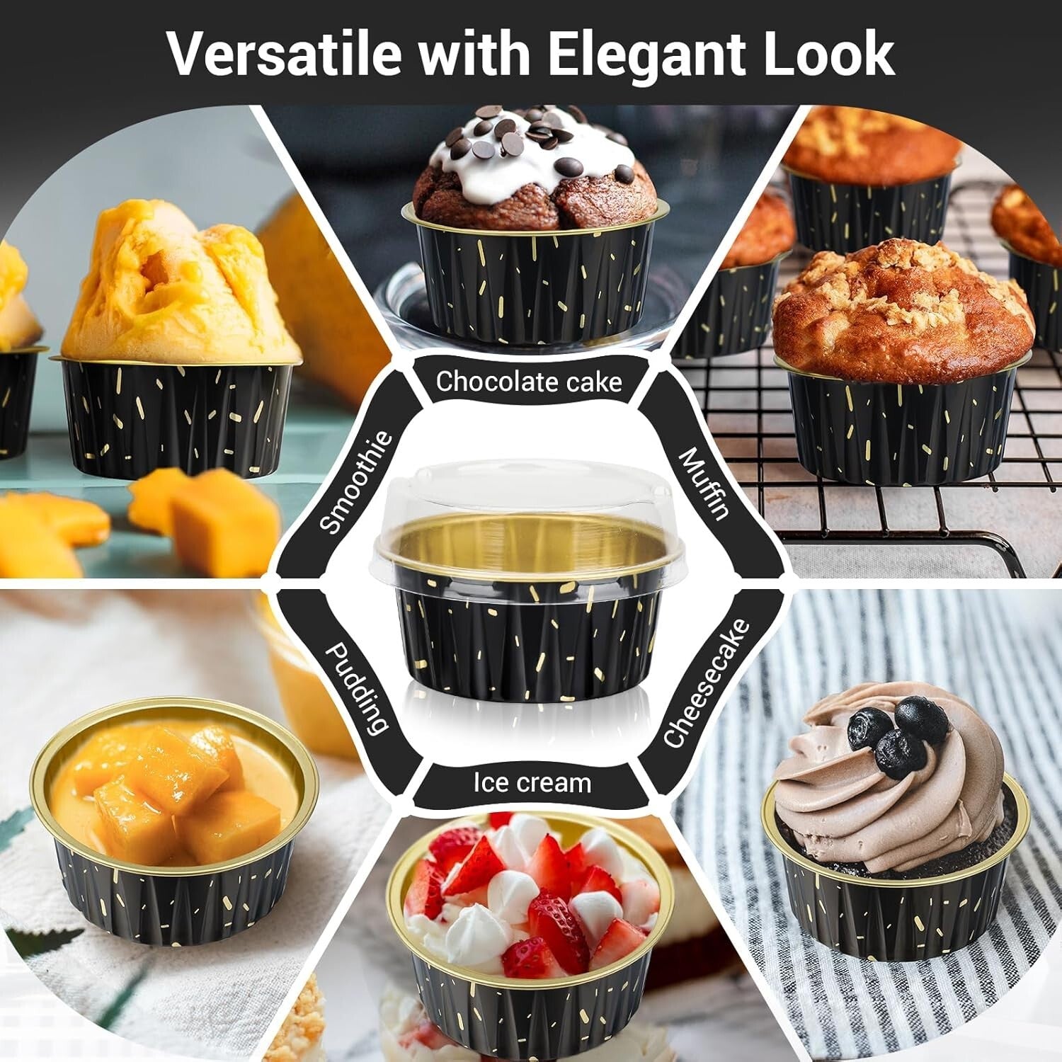 200pcs 5oz Disposable Ramekins - Reusable Aluminum Cupcake Baking Cups with Lids