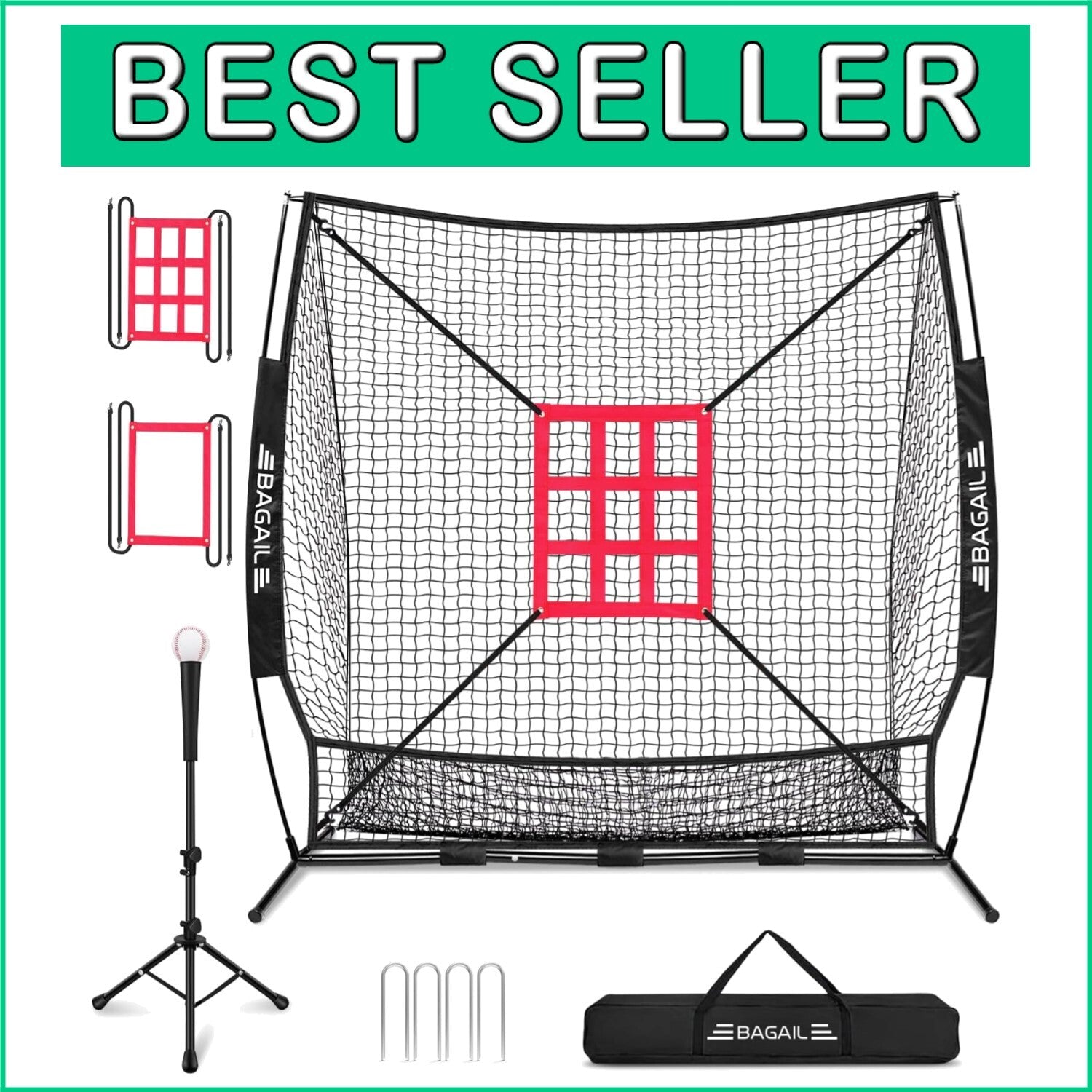 Durable 7x7 ft Bow Frame Net with Adjustable Tee & Strike Zones for Training