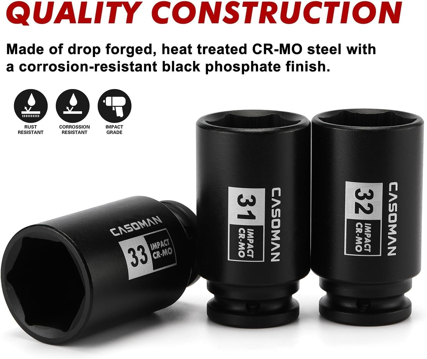 Durable 1/2-Inch Drive Deep Impact Socket Set, 29mm-38mm, Chrome Molybdenum