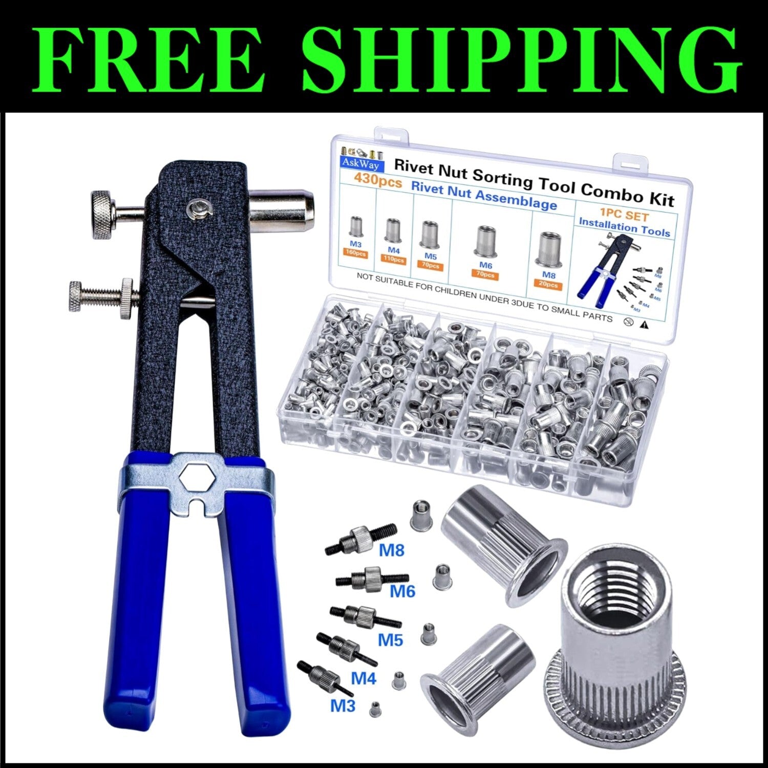 Lightweight 430PCS Rivet Nut Kit with Clear Storage Box - M3 to M8 Thread Sizes