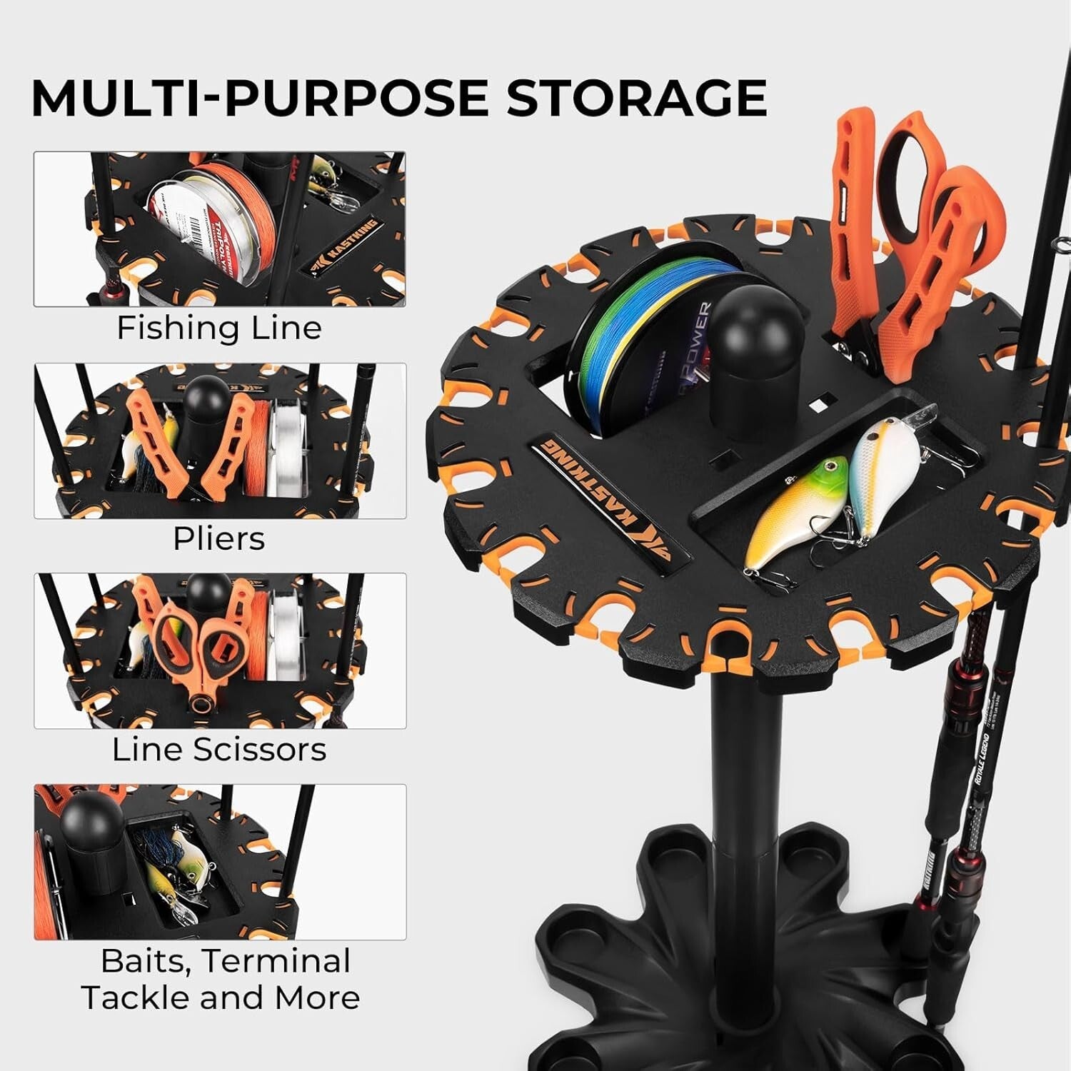 Durable 16 Rod Fishing Rack with Rotating Base & Foam Inserts for Gear Storage