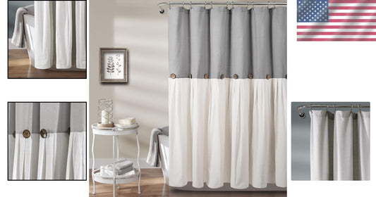 Charming Gray & White Linen-Like Shower Curtain 72"W x 78"L for Farmhouse Style