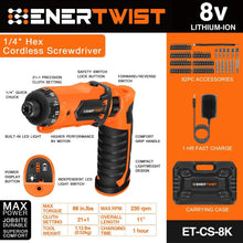 Load image into Gallery viewer, Premium 8V Cordless Screwdriver Kit - 88 in.lbs Torque, 1Hr Charger Included