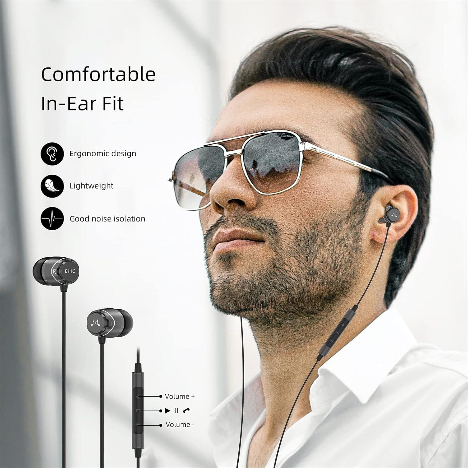 HiFi Stereo Wired Earbuds with Microphone - Elegant Black Noise Isolating Sound