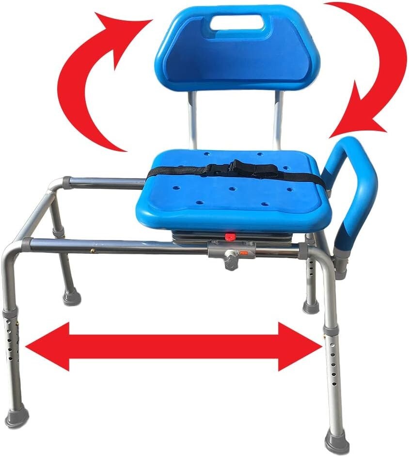 Premium Padded Blue Sliding Bath Transfer Bench with Swivel Seat & Safety Handle