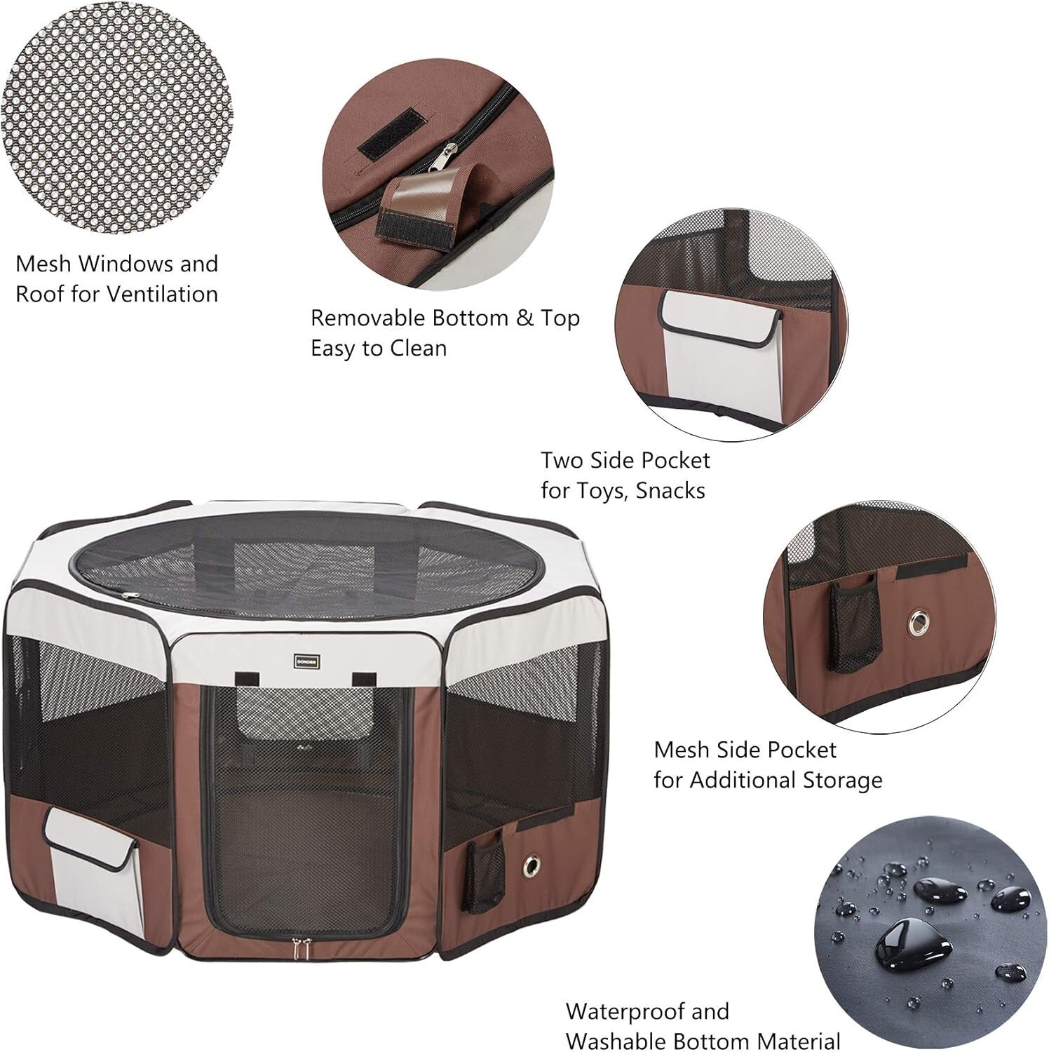 Lightweight Brown Pet Playpen for Small Dogs and Cats - 8 Panel, Removable Top