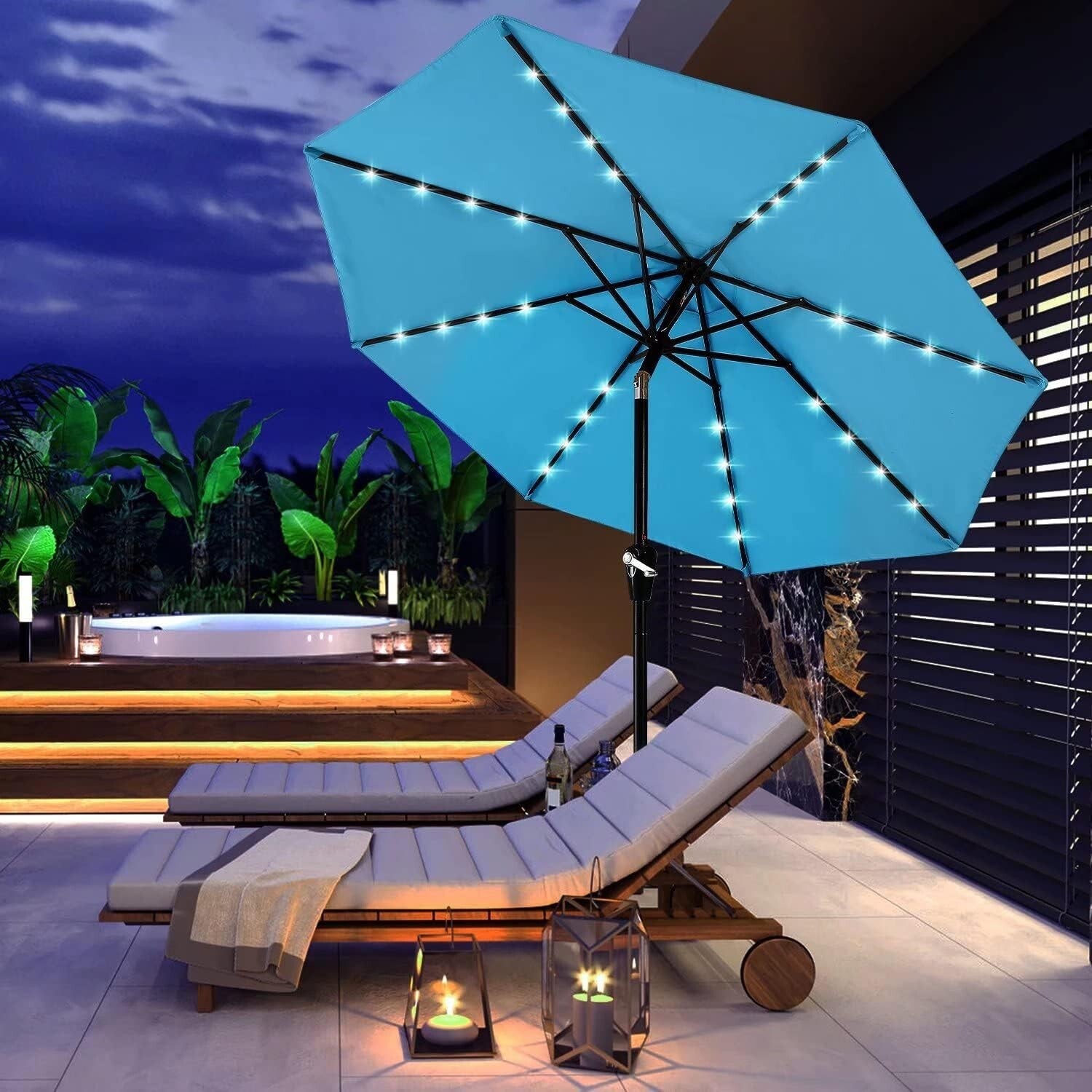 Durable 9FT Turquoise Solar LED Patio Umbrella with 32 Lights - Elegant Shade